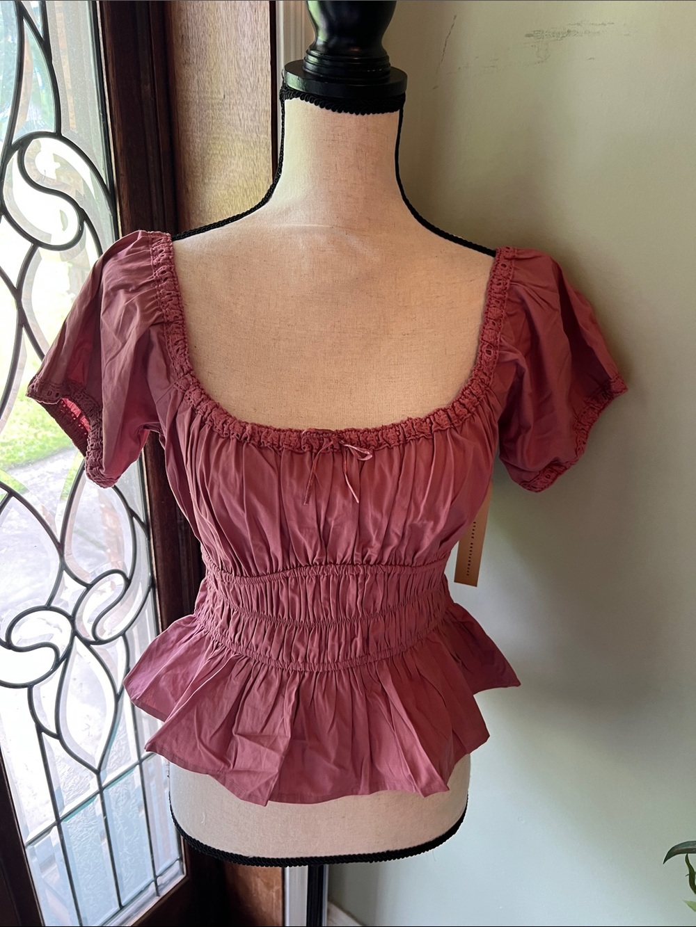 Studio Rose-Pink Smocked Peplum Square-Neck Blouse